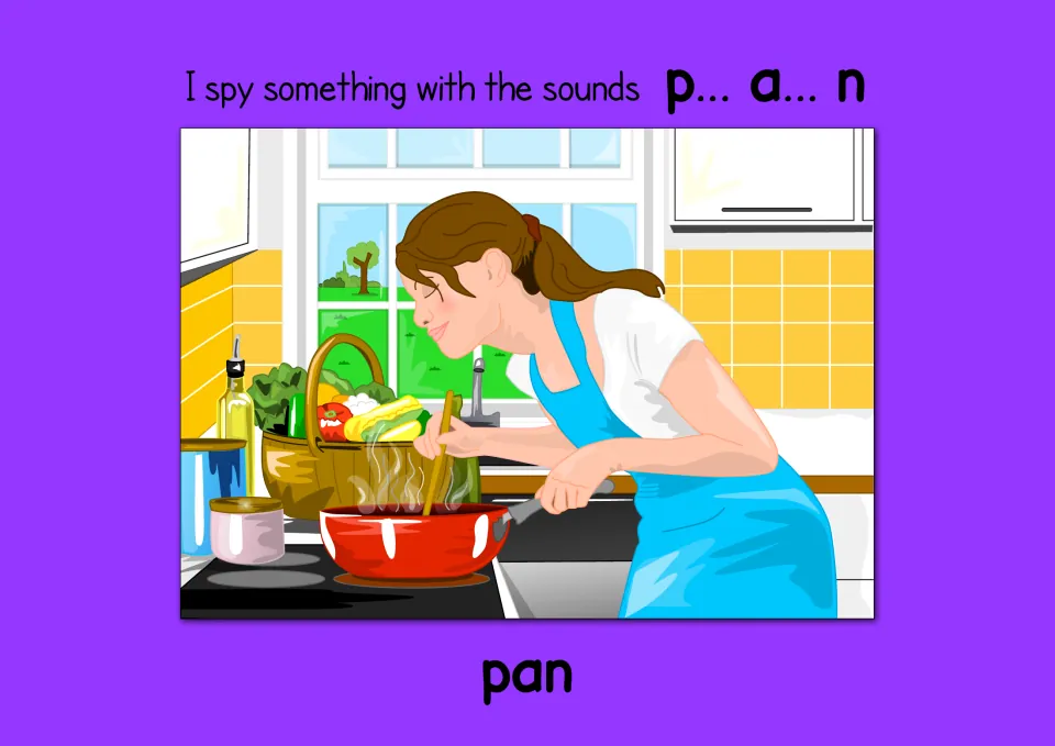 Blending sounds: I spy something with the sounds p... a... n, a woman stirring a red pan on a stove, with the word pan