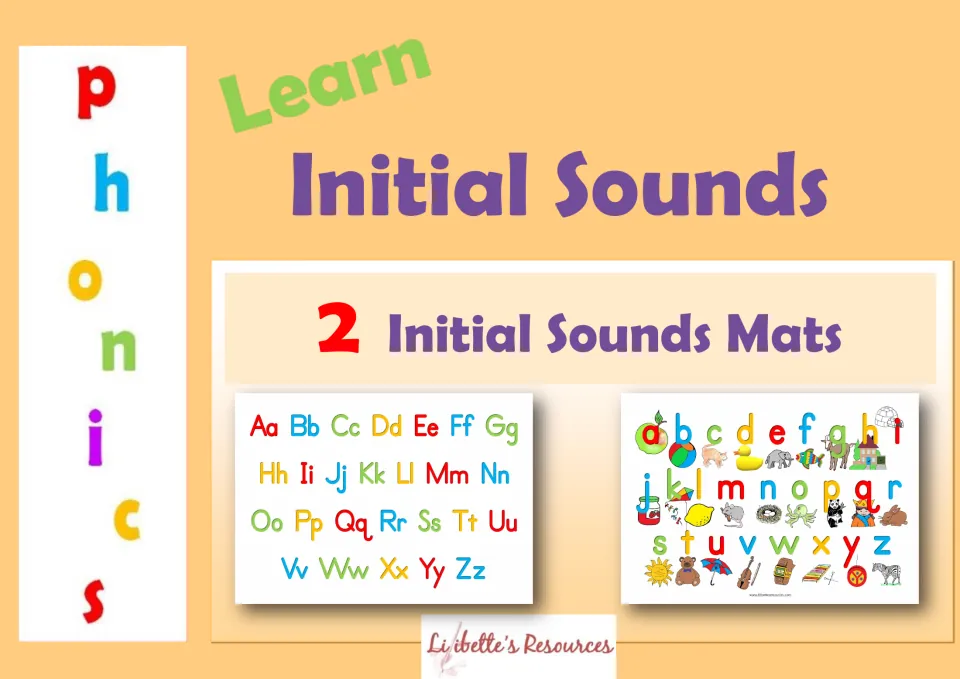 Cover of Initial Sounds Mats showing previews of two charts: paired uppercase/lowercase letters and pictures