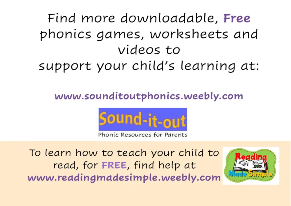 Promotional page directing adults to free phonics games, worksheets, videos, and help teaching reading