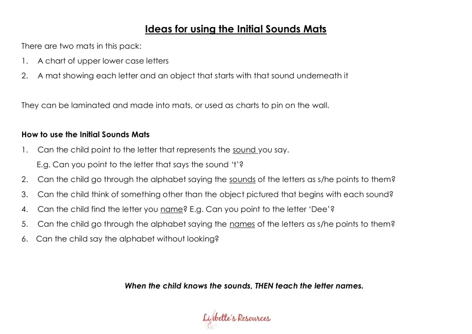 Directions for using both alphabet mats, with six prompts to practice letter sounds, names, and alphabet recall