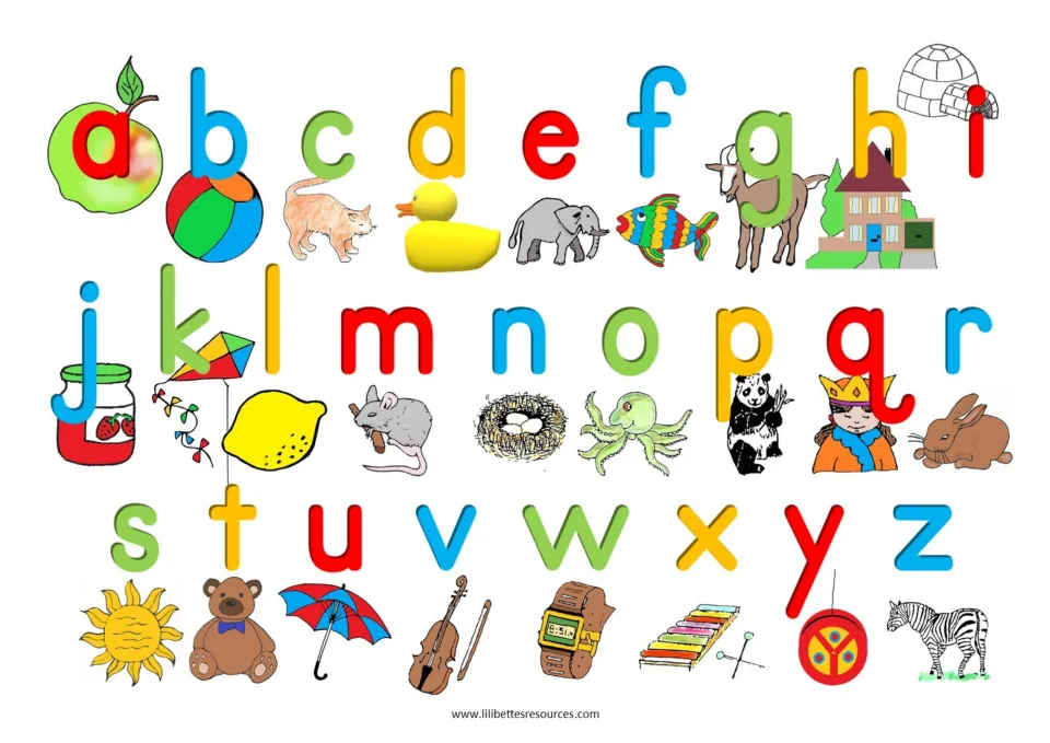 Second alphabet mat pairing lowercase a–z with 26 reference pictures, including apple, ball, cat, and duck
