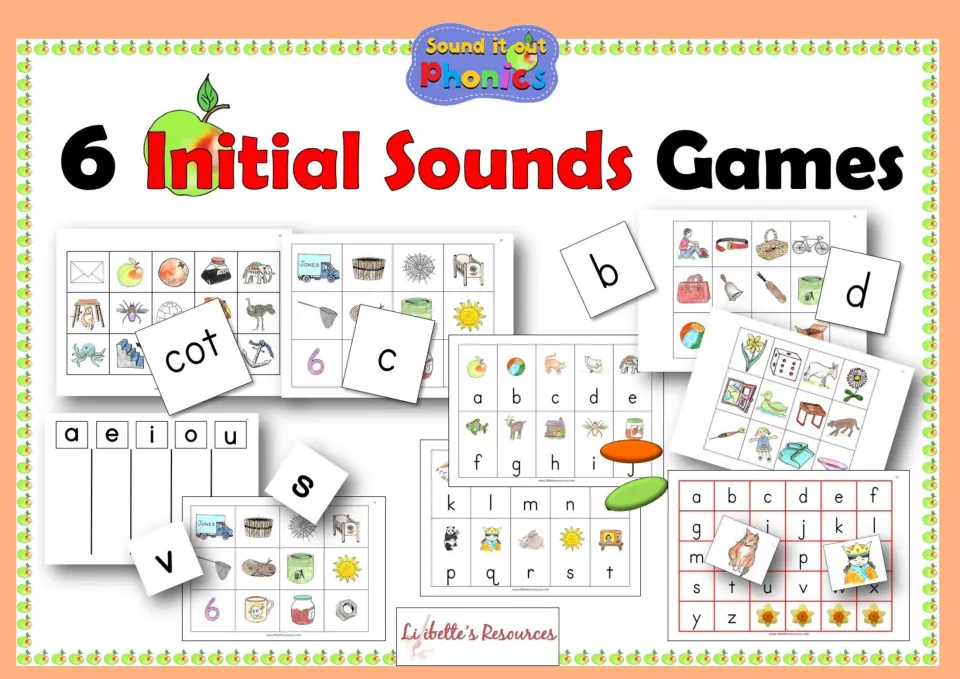 Cover of the six-game initial-sounds collection, showing letter boards, picture cards, and word cards