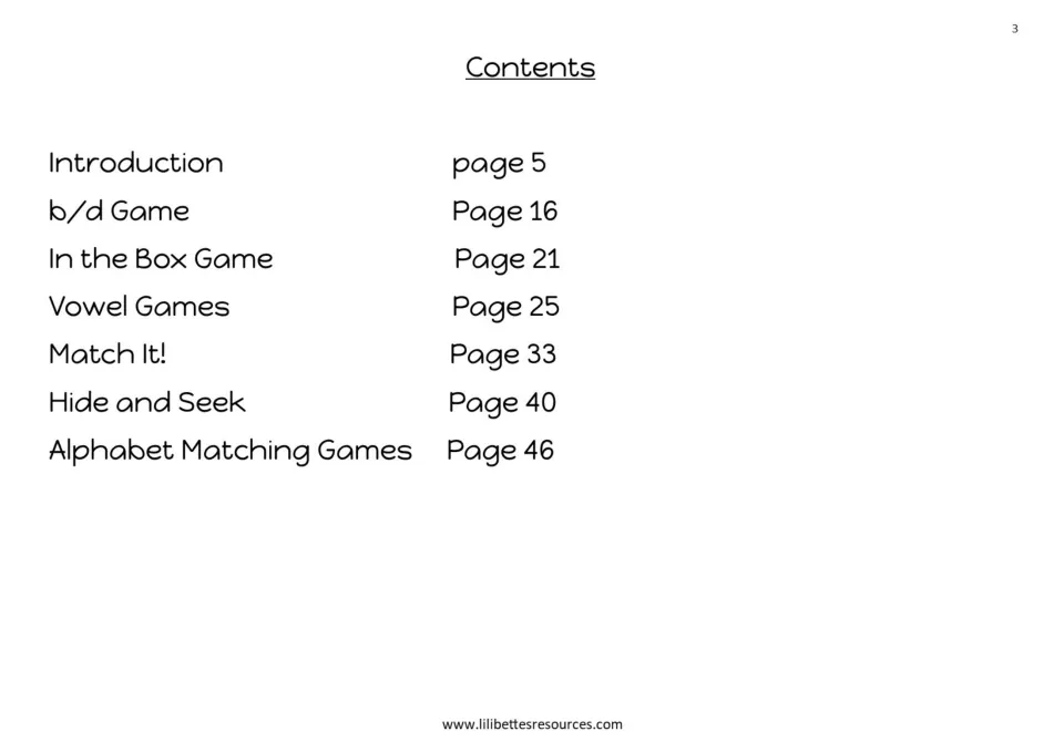 Contents for the game pack: introduction, b/d Game, In the Box Game, Vowel Games, and three more games