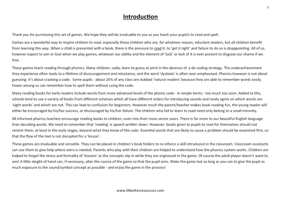 Introduction explaining phonics-based games, decoding practice, and ways teachers and parents can support play