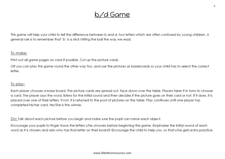 b/d Game instructions for printing and cutting cards, taking turns, and matching pictures to initial letters