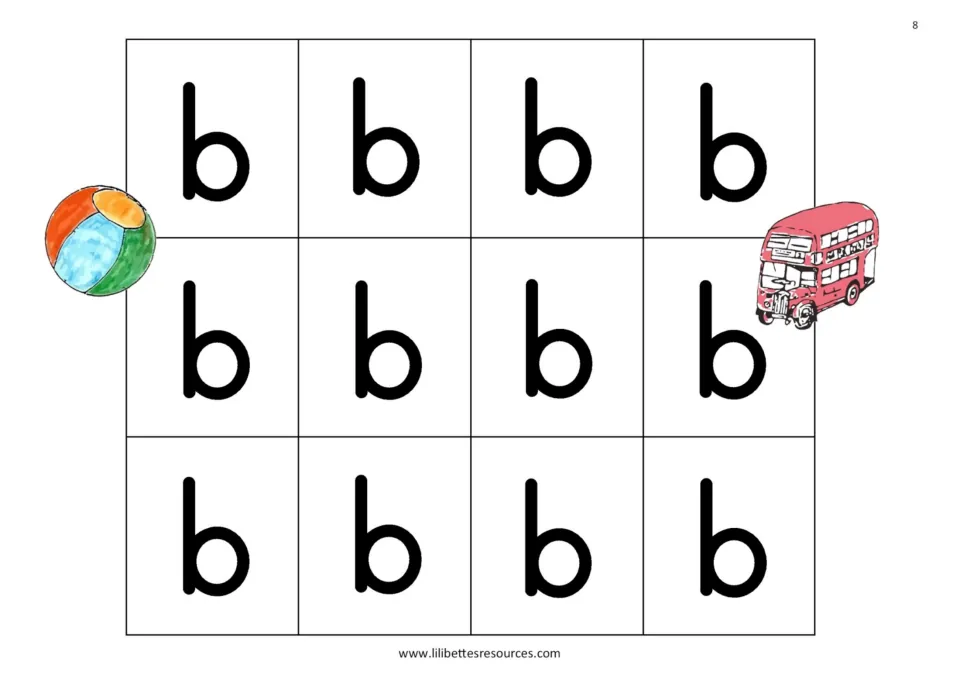 Lowercase b game board with 12 matching spaces for b-sound picture cards, illustrated with a ball and bus