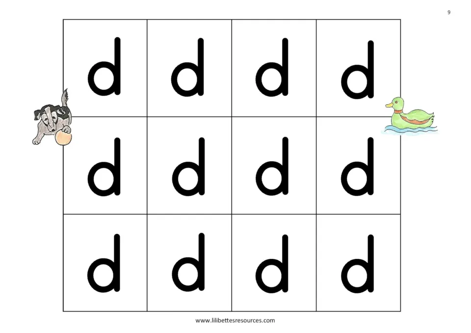 Lowercase d game board with 12 matching spaces for d-sound picture cards, illustrated with a dog and duck
