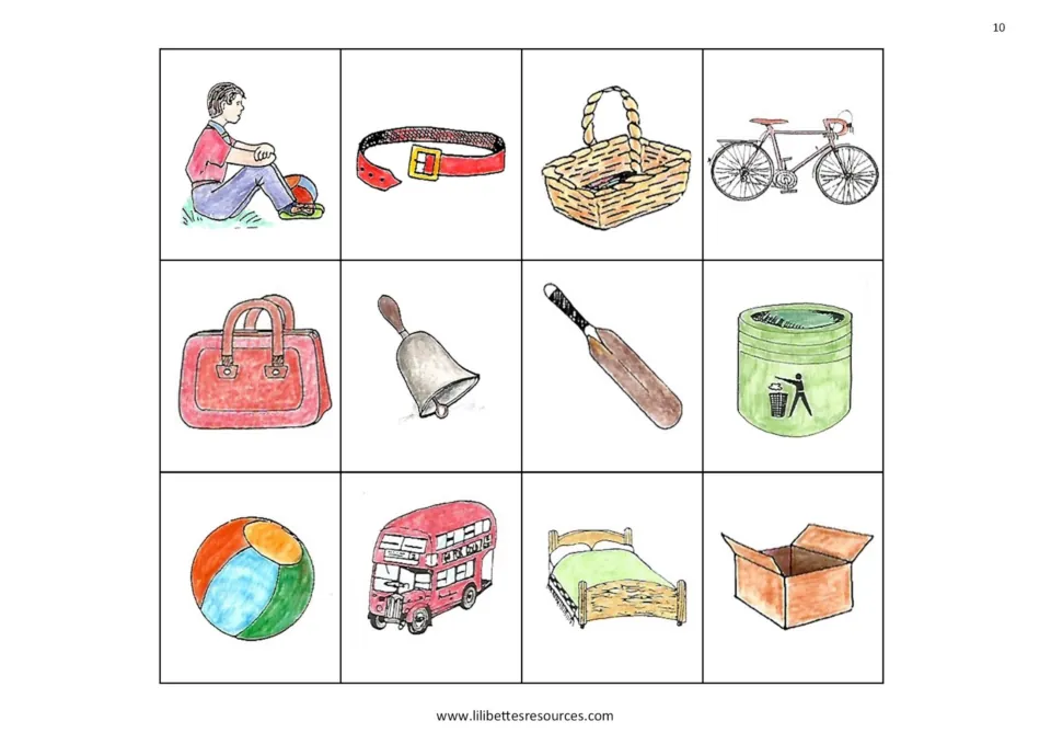 Twelve b-sound picture cards for the b/d game: boy, belt, basket, bicycle, bag, bell, bat, bin, ball, bus, bed, box