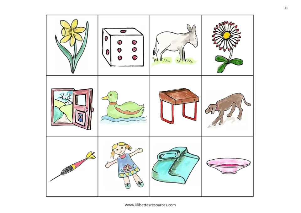 Twelve d-sound picture cards for the b/d game, including daffodil, dice, donkey, daisy, door, duck, and six more