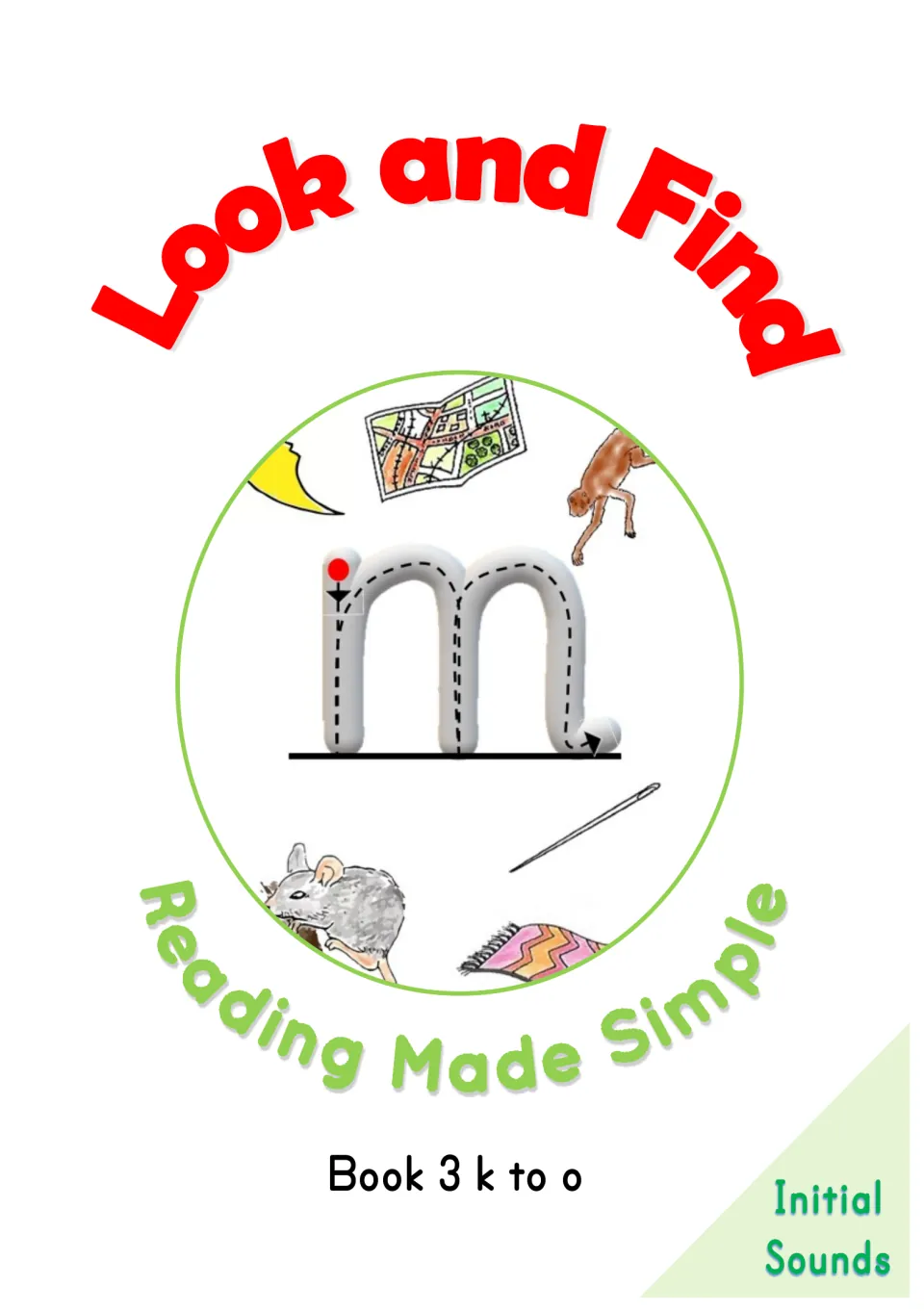 Look and Find cover, Reading Made Simple Book 3 k to o: a traceable letter m ringed by a moon, map, monkey, mouse and rug