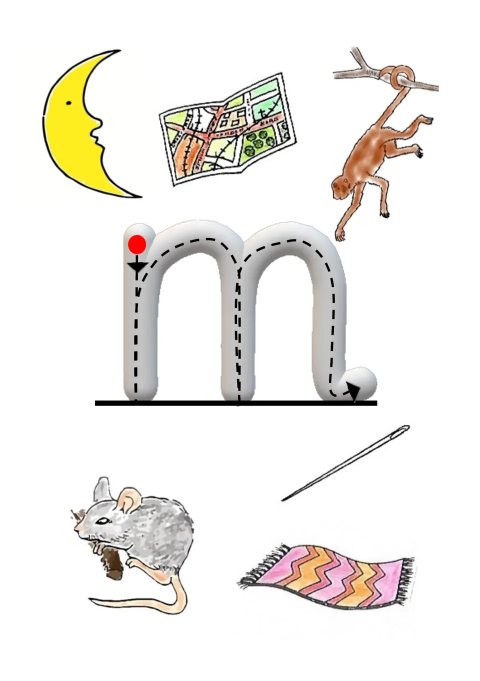 Letter m initial sound: children trace a dotted m along its arrows, then find a moon, map, monkey and mouse