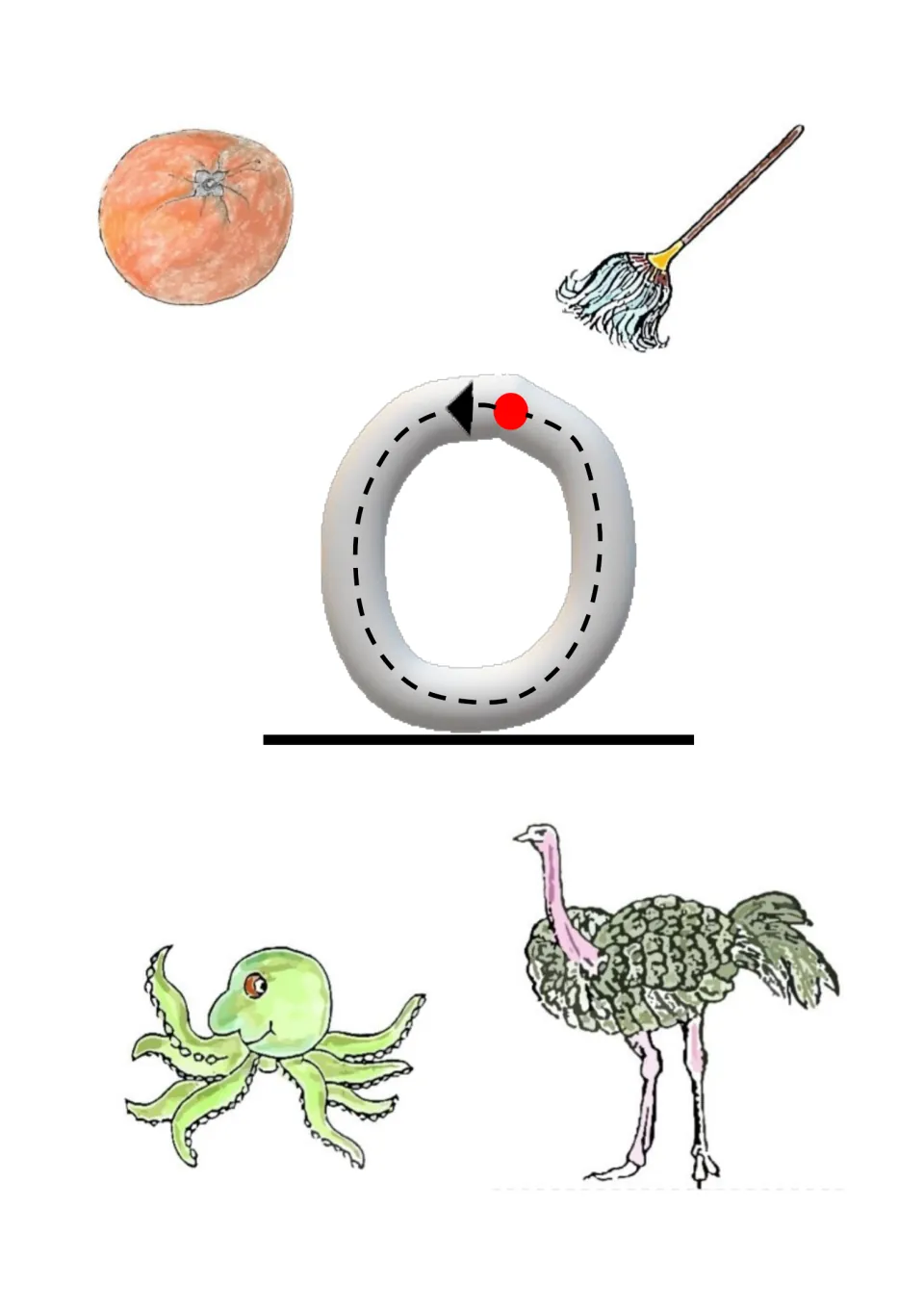 Letter o initial sound: children trace a round o, name an orange, octopus and ostrich, and decide which letter starts mop