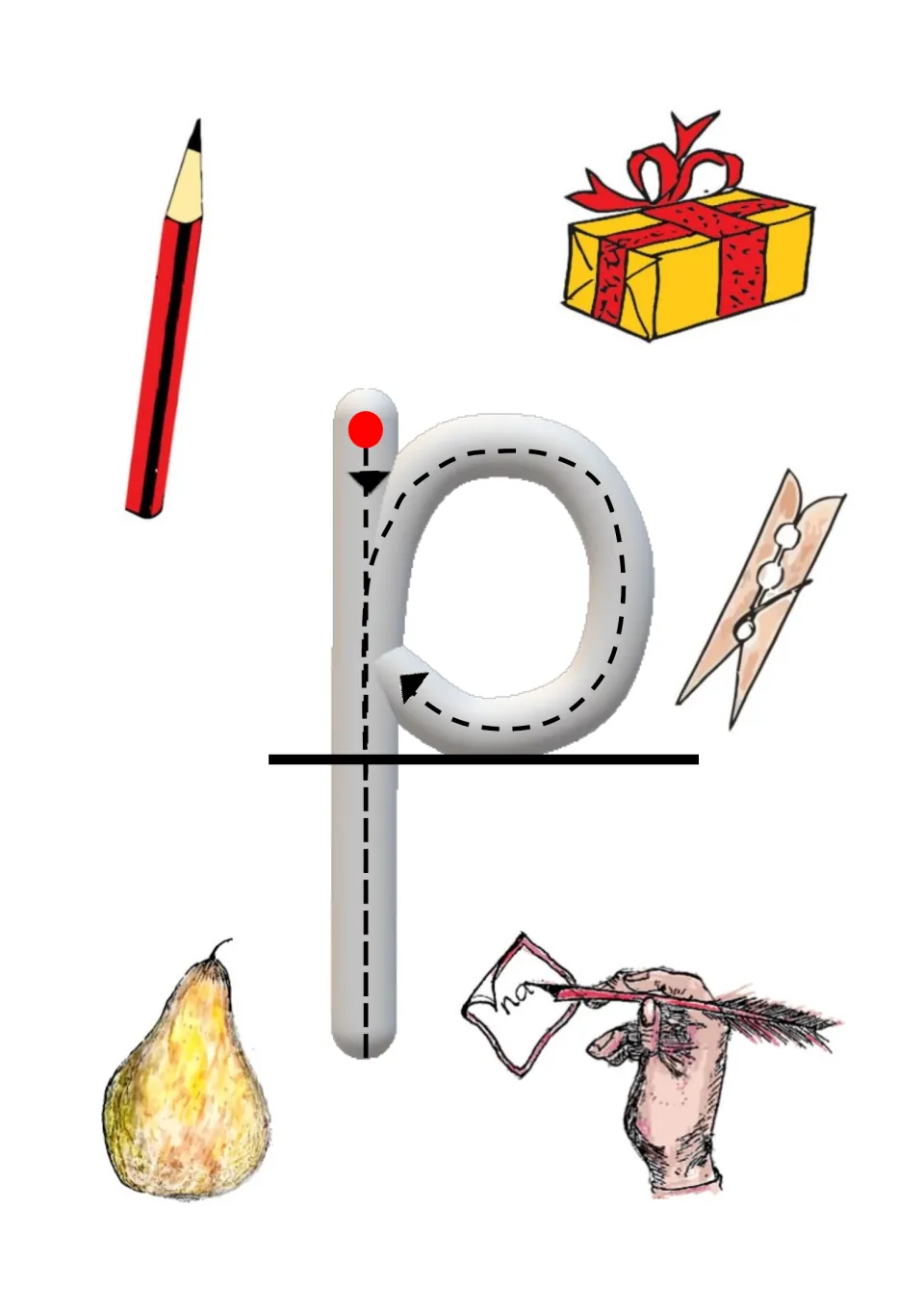 Letter p tracing and beginning-sound search with pictures of a pencil, present, peg, pear, and quill
