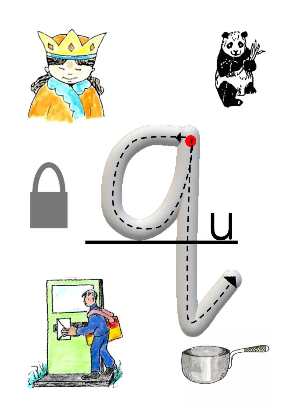 Letter q tracing beside u, with queen, panda, padlock, mail carrier, and pan pictures for the sound search