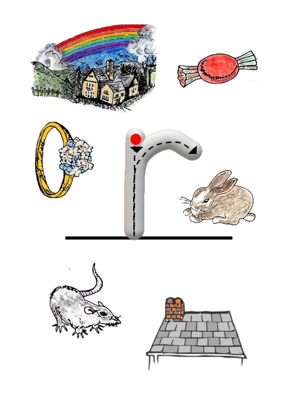 Letter r tracing and beginning-sound search with rainbow, ring, rabbit, rat, roof, and candy pictures