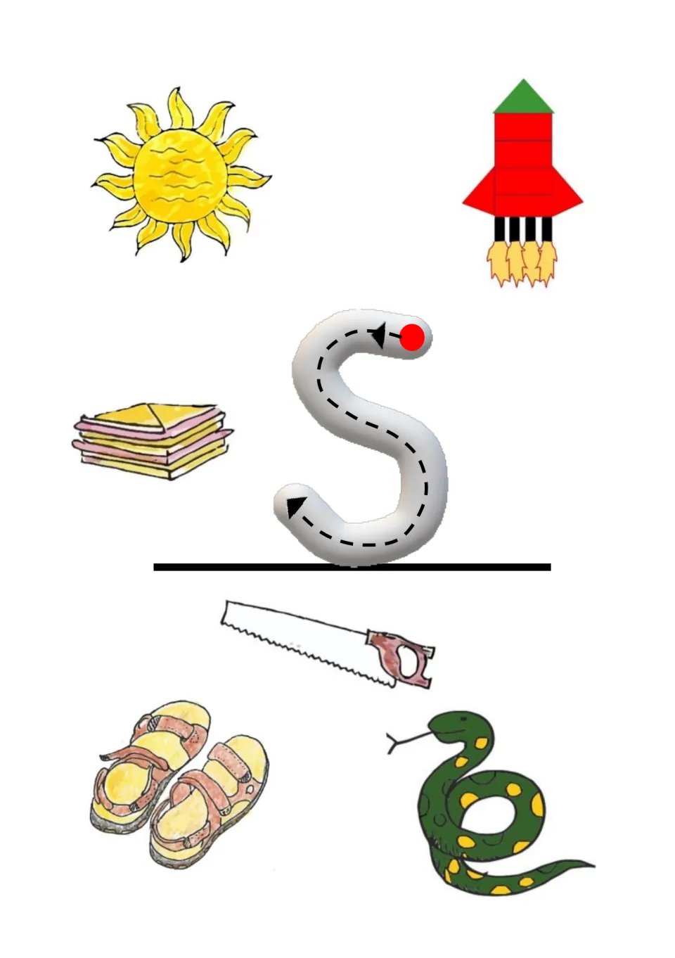 Letter s tracing and beginning-sound search with sun, sandwiches, sandals, saw, snake, and rocket pictures