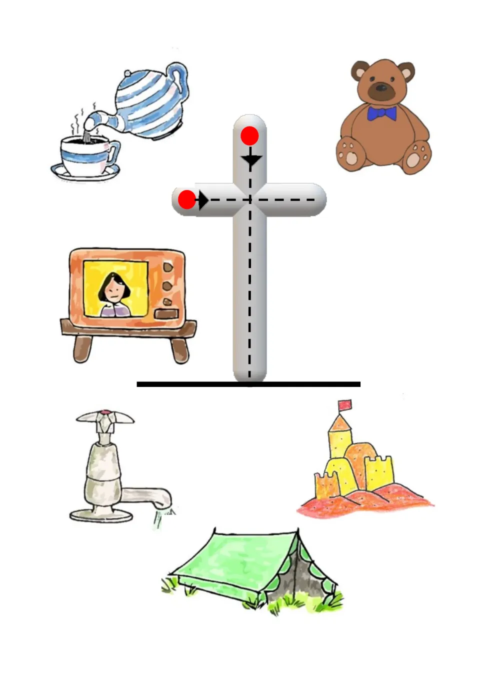 Letter t tracing and beginning-sound search with tea, teddy bear, television, faucet, tent, and sandcastle