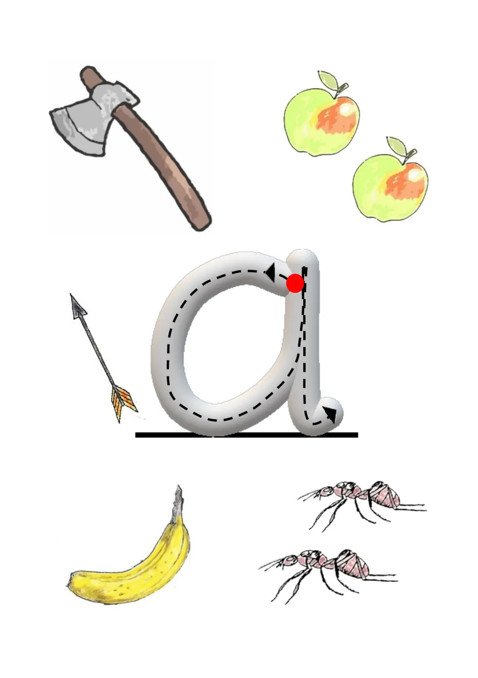 Beginning-sound a practice: trace lowercase a and find matching pictures among an axe, apples, arrow, ants and banana