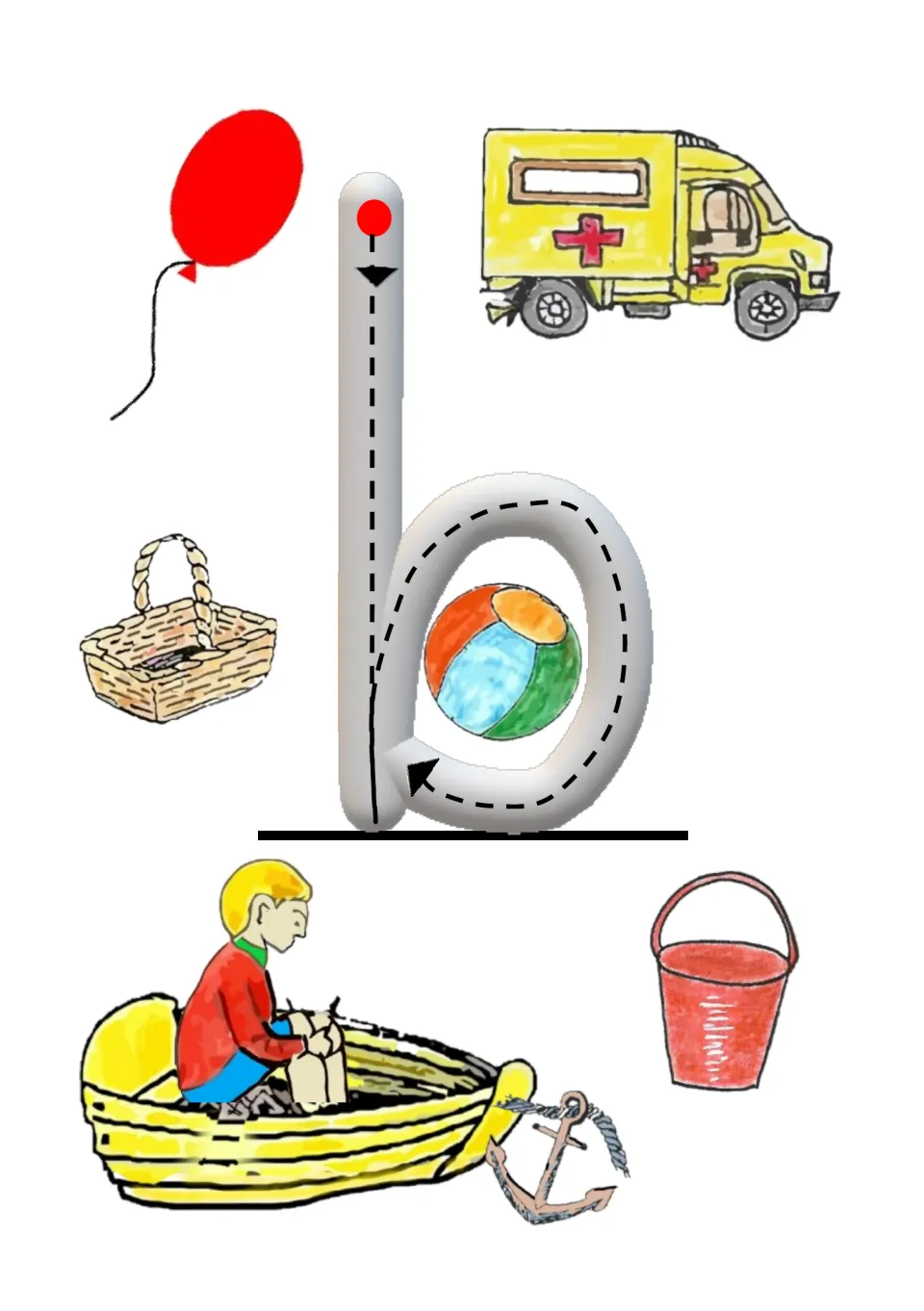 Beginning-sound b practice: trace lowercase b and search pictures of a balloon, basket, ball, boat and more