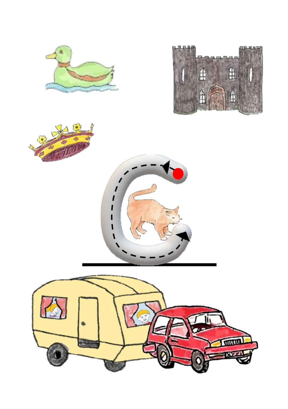 Beginning-sound c practice: trace lowercase c and find matching pictures among a castle, crown, cat, car, caravan and duck