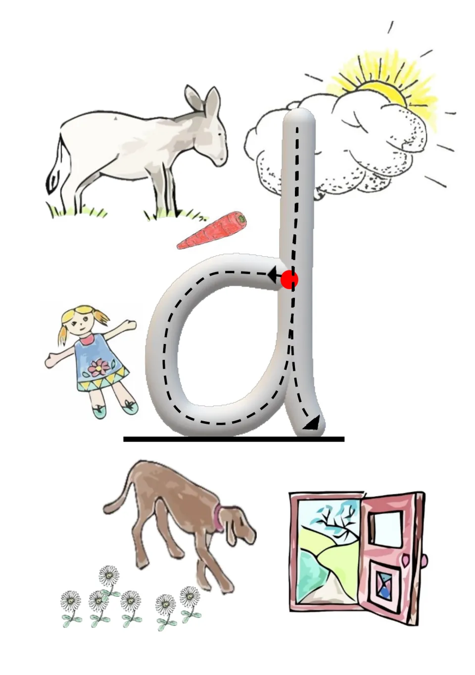 Beginning-sound d practice: trace lowercase d and search pictures of a donkey, doll, dog, door and more