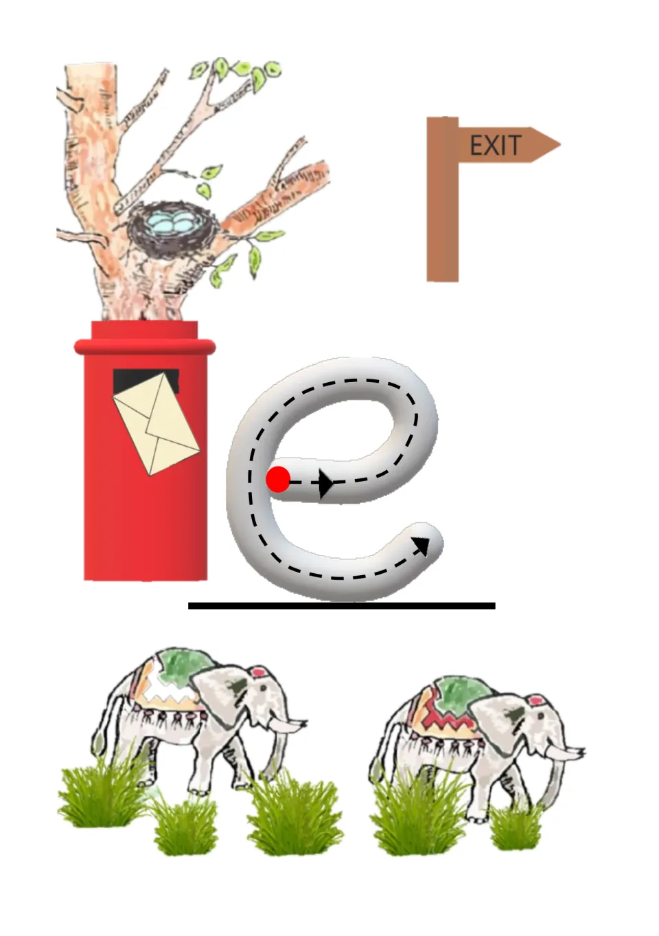 Beginning-sound e practice: trace lowercase e and identify pictures of eggs, an exit sign, envelopes and elephants