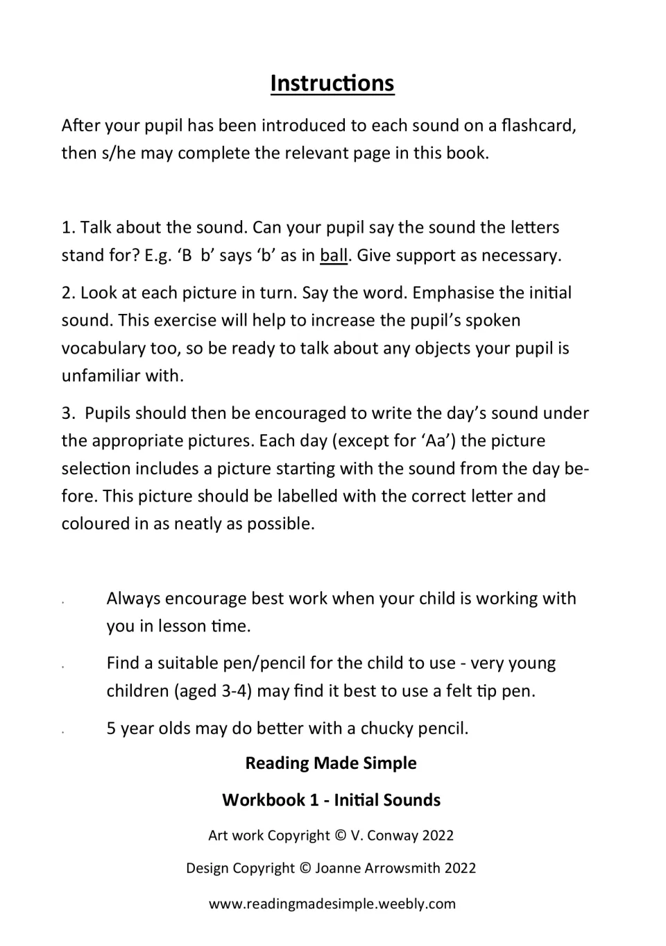 Adult instructions for introducing sounds, naming pictures, writing letters, and coloring review pictures