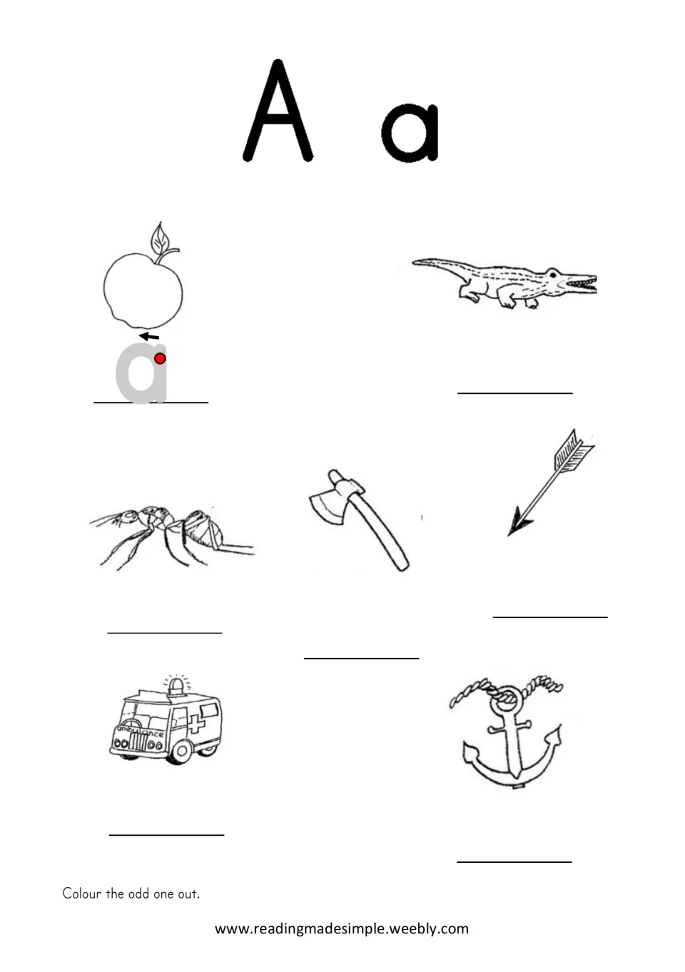 A/a practice page featuring apple, alligator, ant, ax, arrow, ambulance, and anchor, with a tracing model