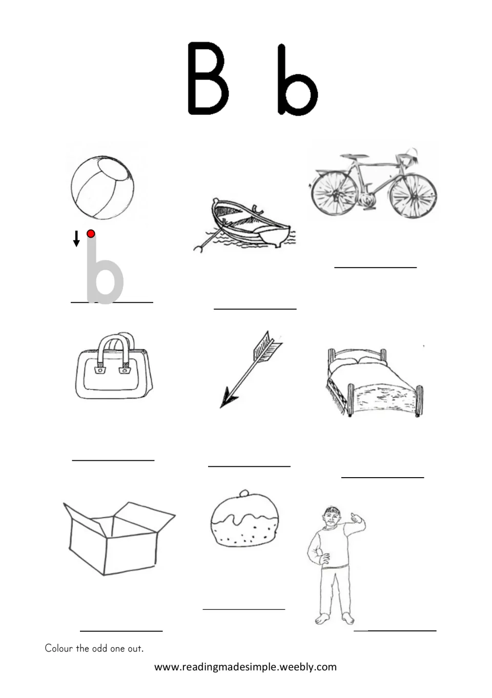 B/b practice page featuring ball, boat, bicycle, bag, bed, box, bun, and boy, plus an arrow for sound review