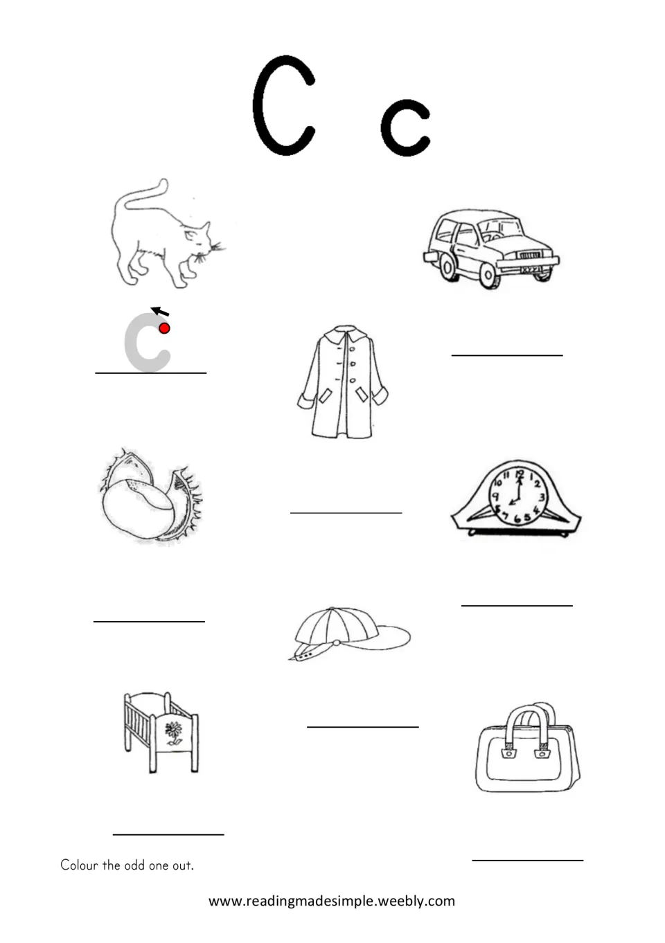 C/c practice page featuring cat, car, coat, clock, cap, cot, and a chestnut, plus a bag for sound review