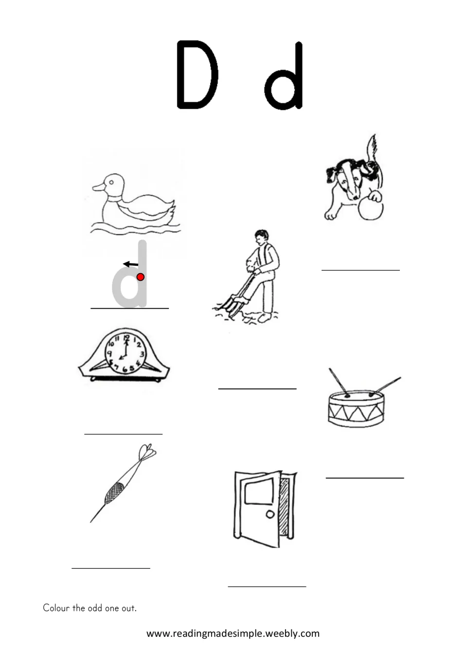D/d practice page featuring duck, dog, digging, drum, dart, and door, plus a clock for previous-sound review