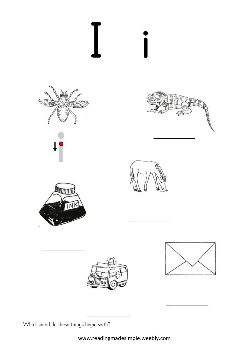 I/i practice page featuring insect, iguana, and ink, plus horse, ambulance, and envelope for sound review