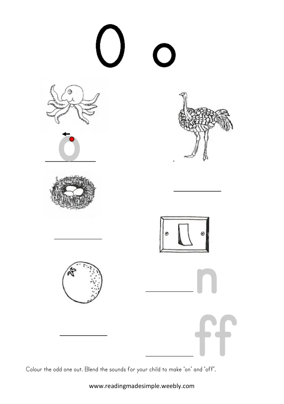 O/o practice page featuring octopus, ostrich, orange, and a nest, plus a switch for blending 'on' and 'off'