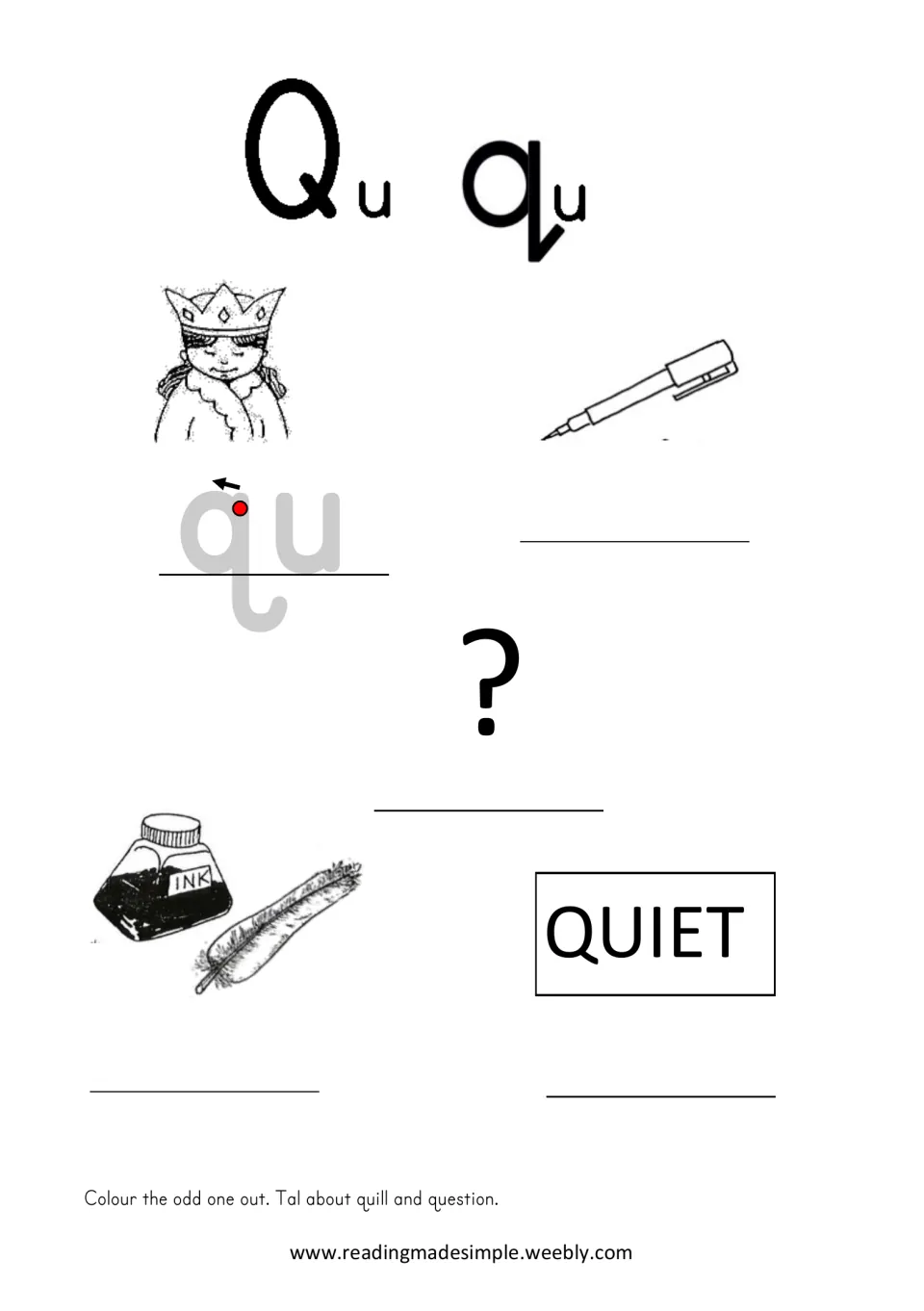 Qu/qu practice page featuring queen, question mark, quill, and 'QUIET,' plus a pen for previous-sound review