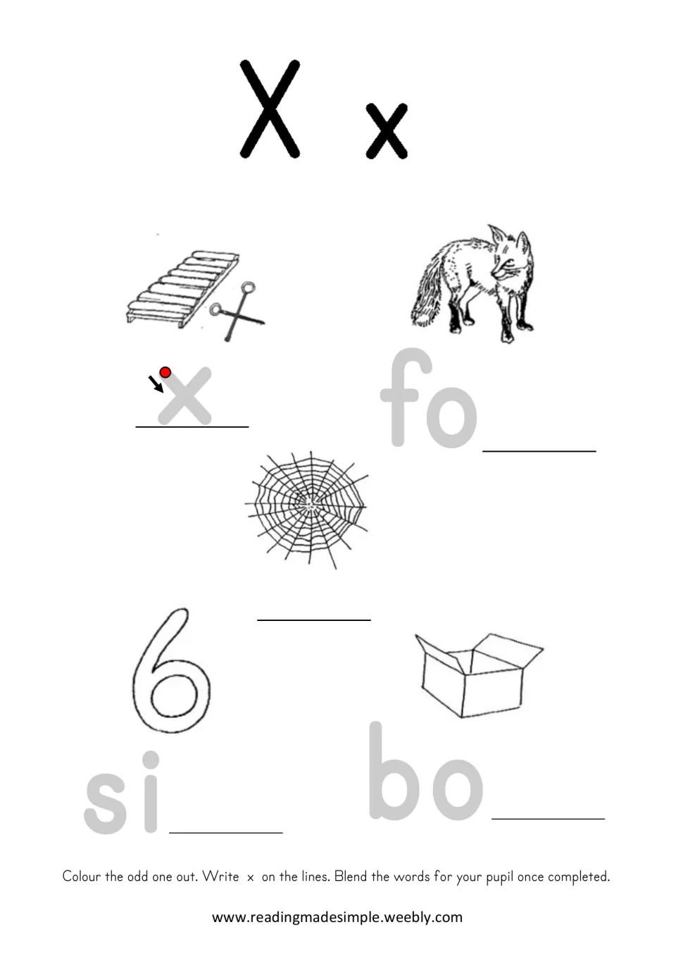 X/x practice page featuring xylophone and web, with missing final x in fox, six, and box for word blending