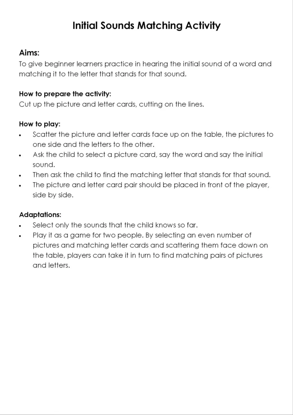 Initial sounds game directions: aims, card prep, how to pair picture and letter cards, and a face-down two-player version