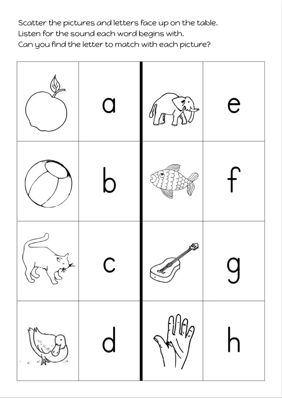 Black-and-white beginning sounds cards a-h: apple, ball, cat, duck, elephant, fish, guitar and hand to match to letters