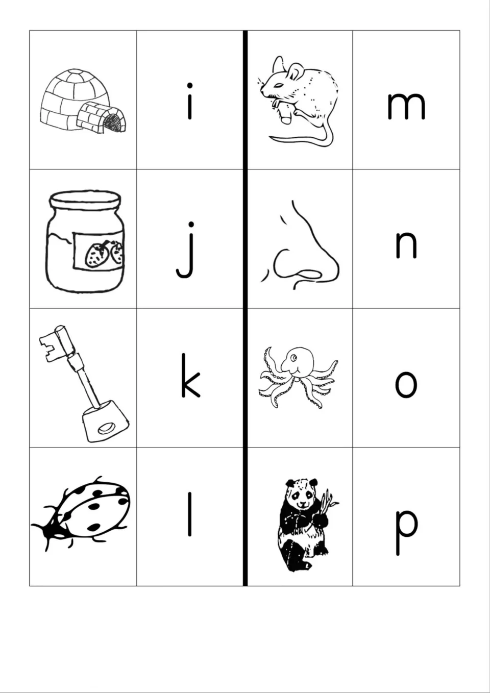 Line-art initial sound cards i-p: igloo, jam, key, ladybug, mouse, nose, octopus and panda, each beside its letter