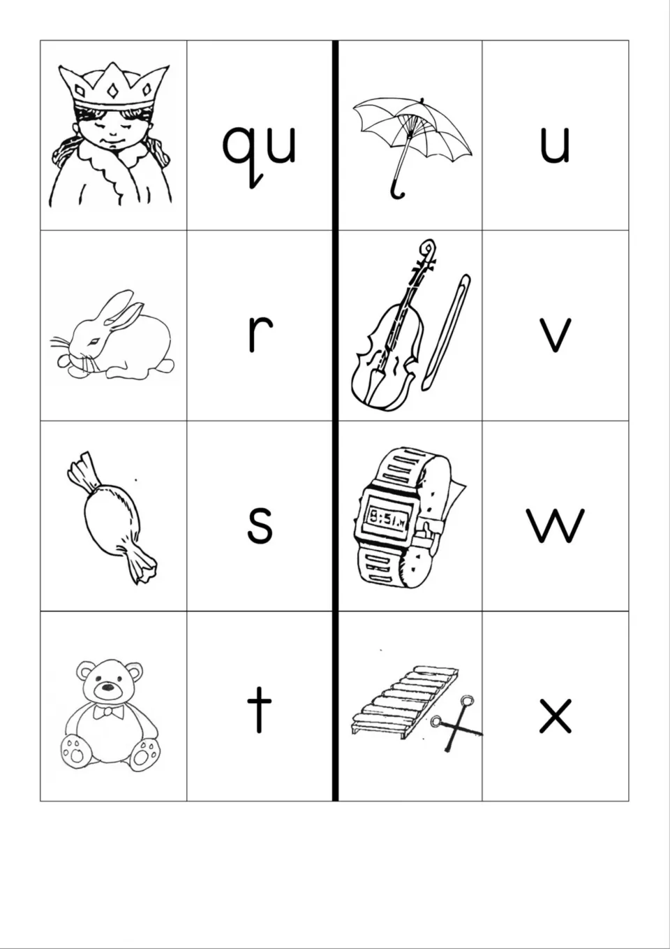 Initial sound cards qu-x in line art: queen, rabbit, sweet, teddy, umbrella, violin, watch and xylophone with letters