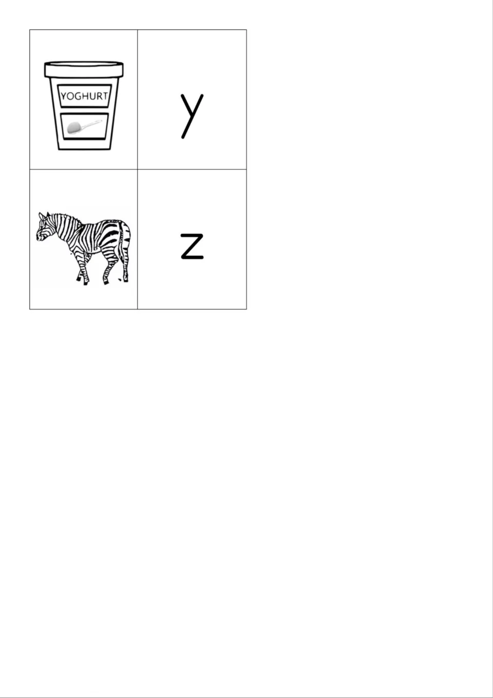 Final black-and-white matching cards for y and z: a yoghurt pot and a zebra, each paired with its lowercase letter