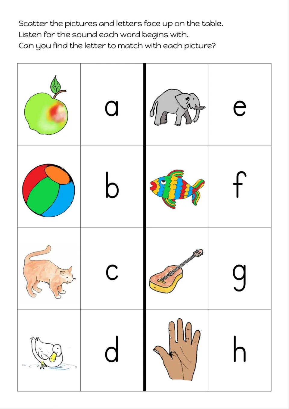 Color picture cards a to h for hearing first sounds: green apple, beach ball, cat, duck, elephant, fish, guitar and hand
