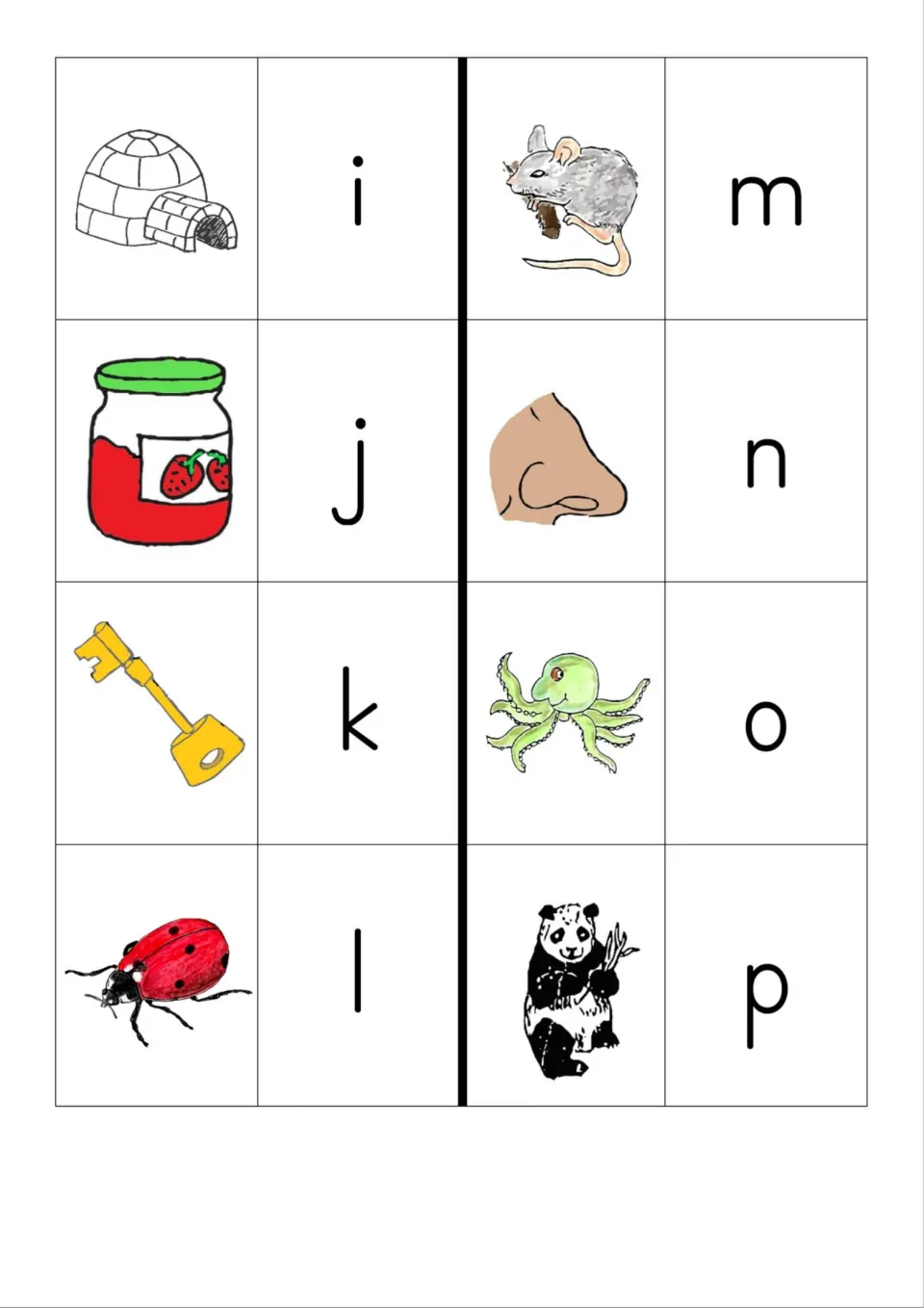 Color sound-to-letter cards i to p: igloo, jam, key, ladybug, mouse, nose, octopus and panda to pair with letters