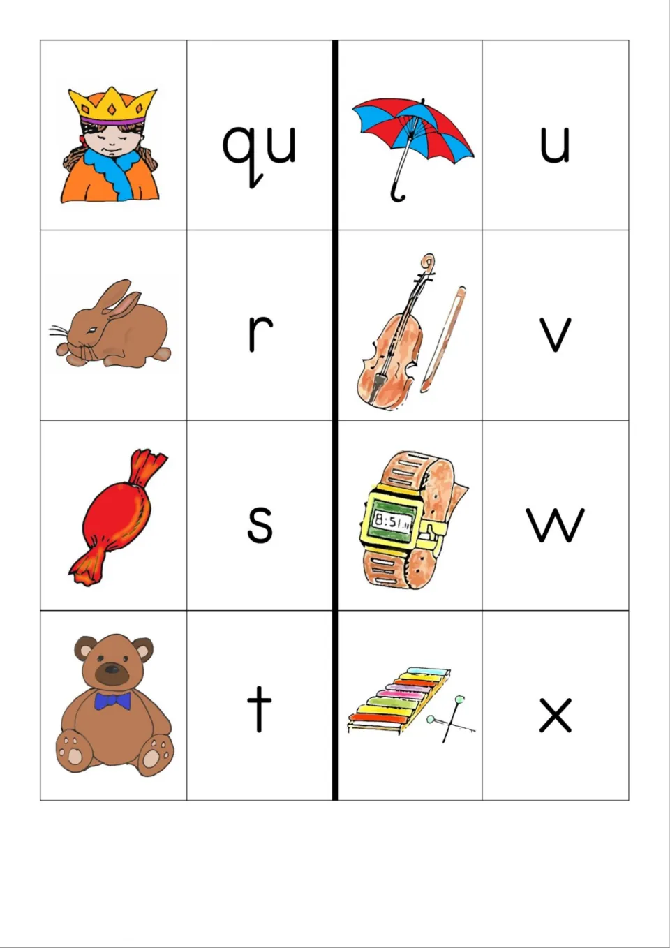Color phonics cards qu to x: queen, rabbit, sweet, teddy bear, umbrella, violin, watch and xylophone with letter cards