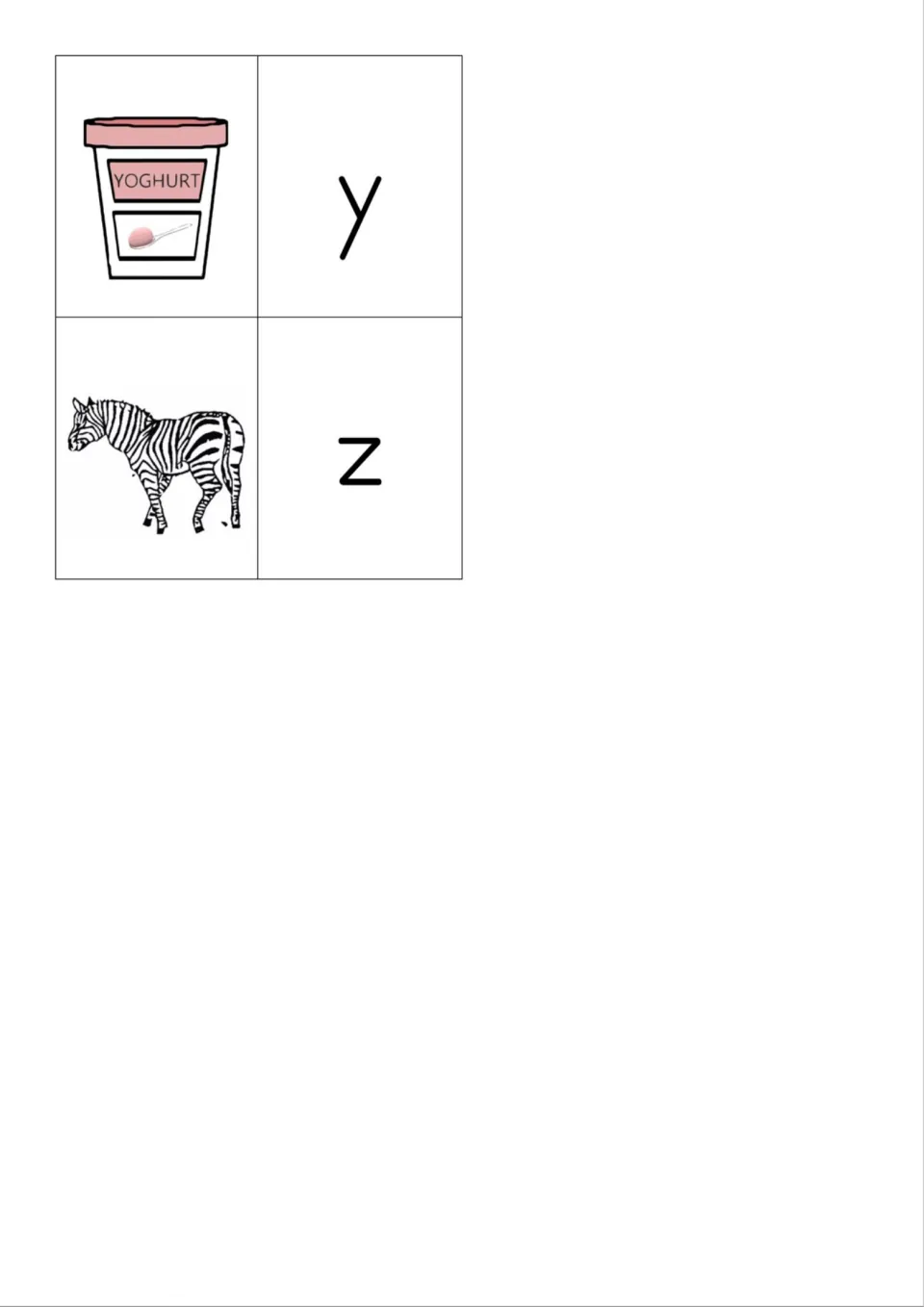 Color initial sound cards for y and z: a pink yoghurt pot and a zebra, ready to cut and match to their letters