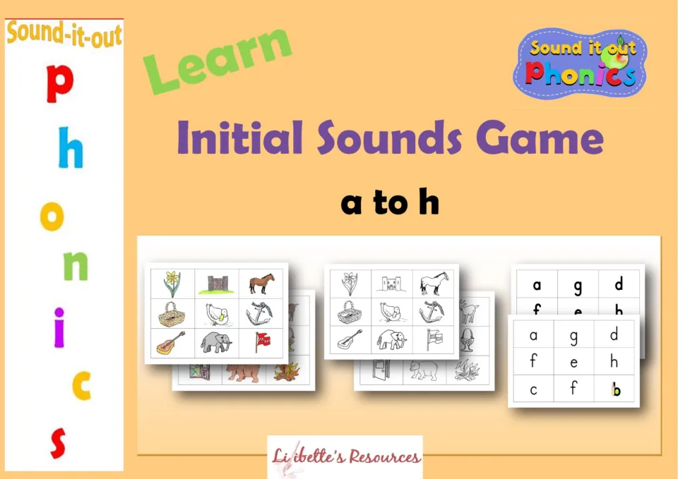 Cover of Initial Sounds Game a to h, showing sample picture and letter boards for beginning-sound matching