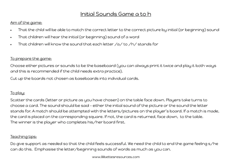 Game instructions: choose picture or letter baseboards, cut matching cards, take turns and say each sound