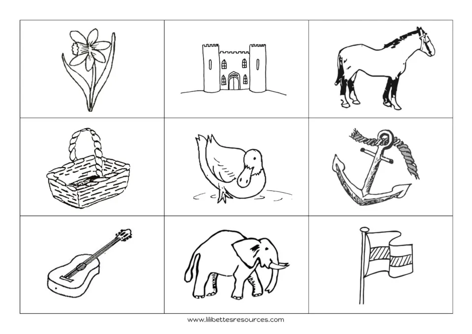 Black-and-white matching board: daffodil, castle, horse, basket, duck, anchor, guitar, elephant and flag