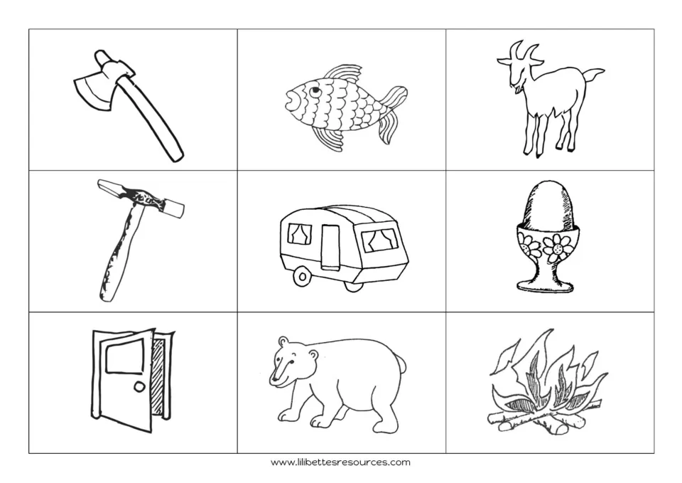 Black-and-white matching board: ax, fish, goat, hammer, caravan, egg, door, bear and fire for initial sounds