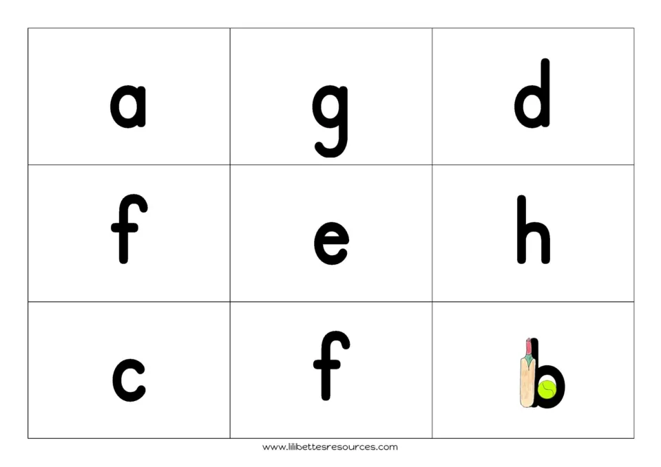 First letter matching board: a, g, d, f, e, h, c, f, b, with a bat and ball cue on b for beginning sounds