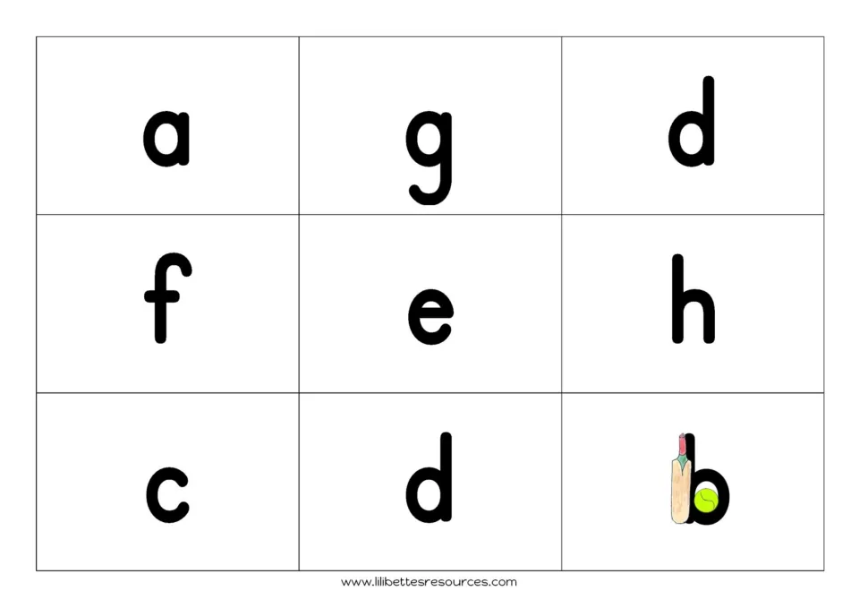 Second letter matching board: a, g, d, f, e, h, c, d, b, with a bat and ball cue on b for beginning sounds